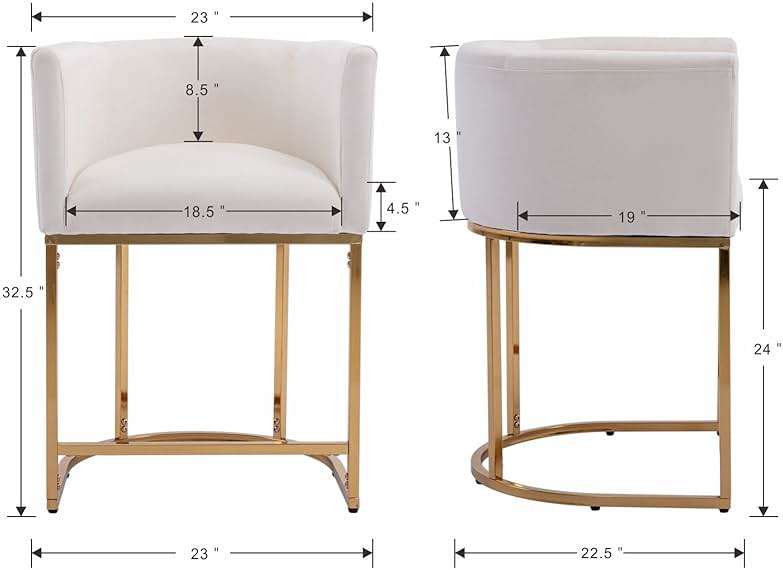 BESTANO Modern Counter Height Velvet Upholstered Bar Stools Set of 2, 24" Kitchen Counter Island Stools Bar Chairs with Gold Metal Frame for Kitchen Island, Cream - Image 2