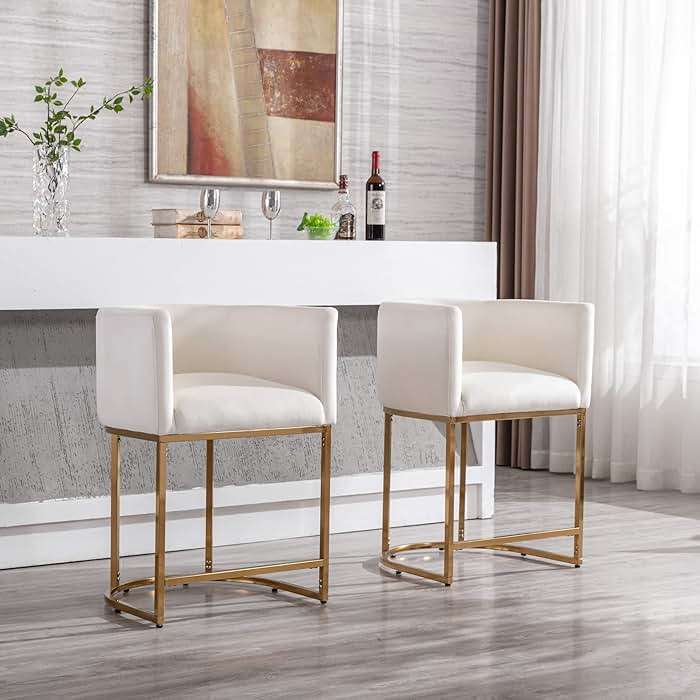 BESTANO Modern Counter Height Velvet Upholstered Bar Stools Set of 2, 24" Kitchen Counter Island Stools Bar Chairs with Gold Metal Frame for Kitchen Island, Cream - Image 5