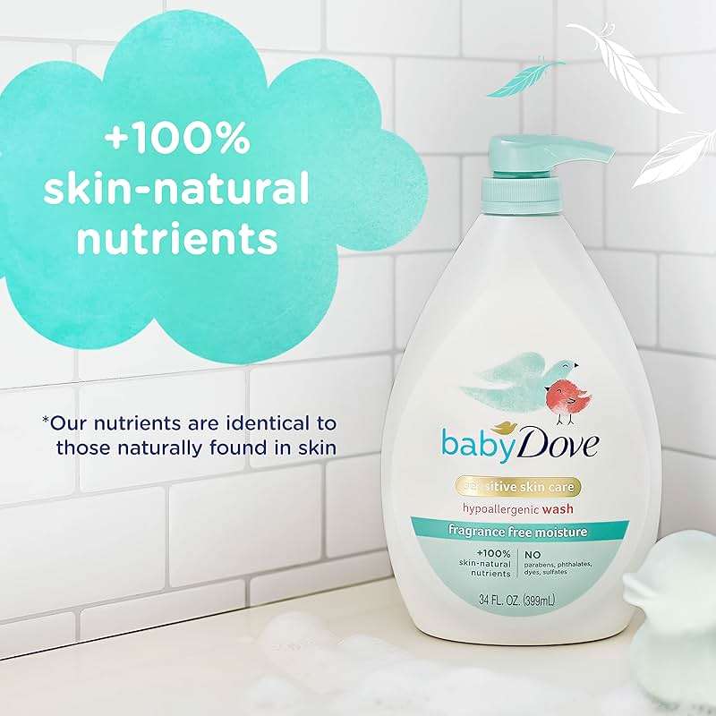Baby Dove Sensitive Skin Care Baby Wash Fragrance Free Moisture For Baby Bath Time Fragrance Free and Hypoallergenic, Washes Away Bacteria 34 oz (Pack of 1) - Image 7