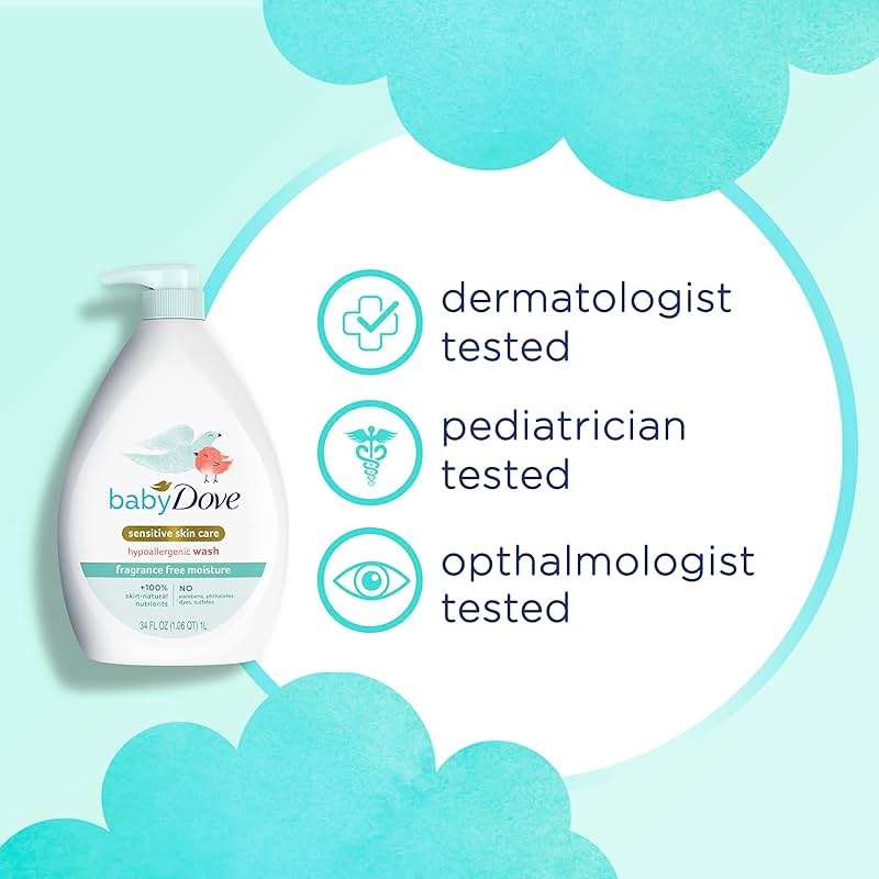 Baby Dove Sensitive Skin Care Baby Wash Fragrance Free Moisture For Baby Bath Time Fragrance Free and Hypoallergenic, Washes Away Bacteria 34 oz (Pack of 1) - Image 8