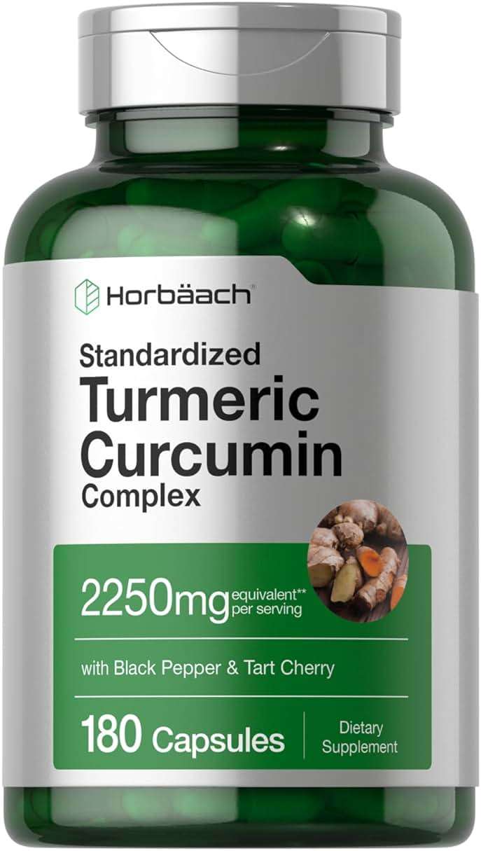 Horbäach Turmeric Curcumin Supplement | 2250mg | 180 Capsules | with Black Pepper & Tart Cherry | Non-GMO & Gluten Free - Image 1