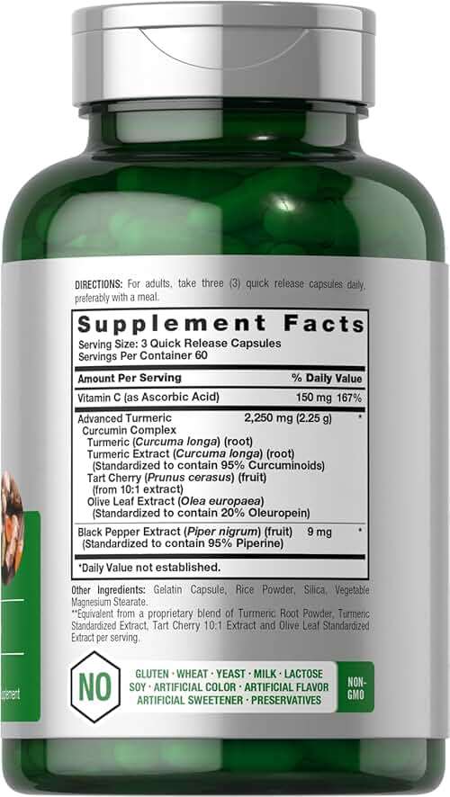 Horbäach Turmeric Curcumin Supplement | 2250mg | 180 Capsules | with Black Pepper & Tart Cherry | Non-GMO & Gluten Free - Image 2