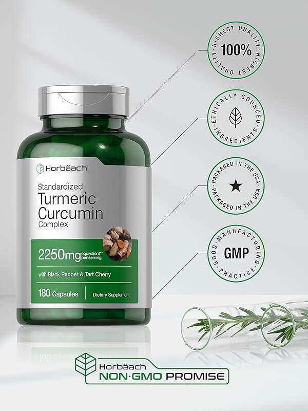 Horbäach Turmeric Curcumin Supplement | 2250mg | 180 Capsules | with Black Pepper & Tart Cherry | Non-GMO & Gluten Free - Image 6