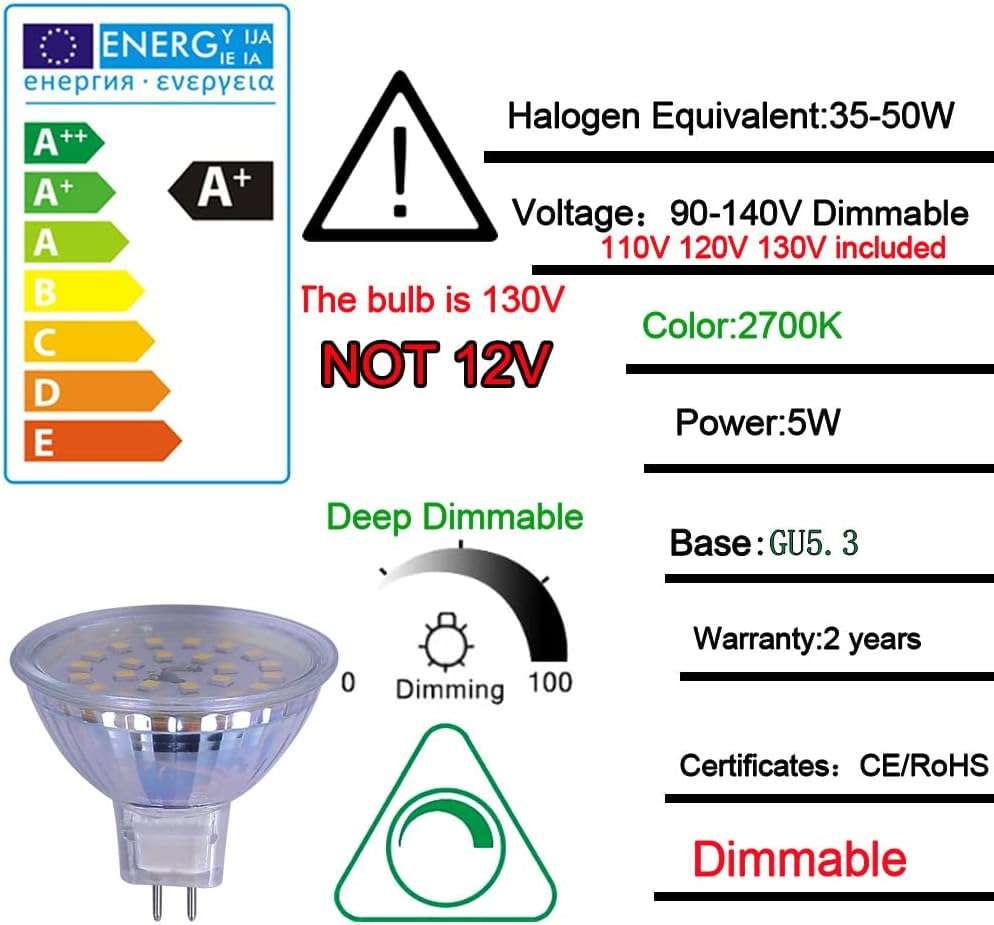 ukzboss mr16 120V Dimmable 5w Warm White 2700K led Spotlight Bulb lamp 50w Halogen Replacement for Tracking Light floodlight Fixture (120V dimmable 5W 2700K) - Image 2