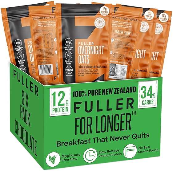 Delicious High Protein Chocolate Banana Overnight Oats - Nutritionist Designed FULLER For Longer With Low Sugar, High Fiber & Slow Release Peanut Protein - Ziplock Portable - Glyphosate Free Oatmeal - Image 1
