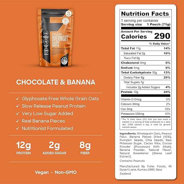 Delicious High Protein Chocolate Banana Overnight Oats - Nutritionist Designed FULLER For Longer With Low Sugar, High Fiber & Slow Release Peanut Protein - Ziplock Portable - Glyphosate Free Oatmeal - Image 2