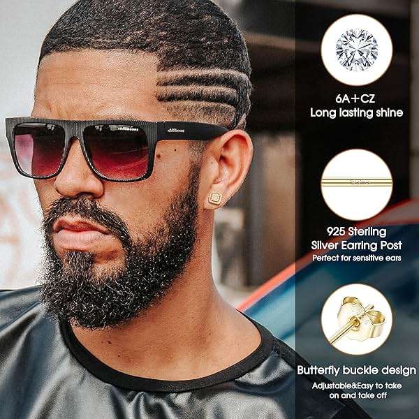 FASACCO Earrings for Men Sterling Silver Men's Earrings Black/Silver/14K Gold Earrings for Men Iced Out Earrings Halo Square Earrings Mens Stud Earrings Set - Image 3