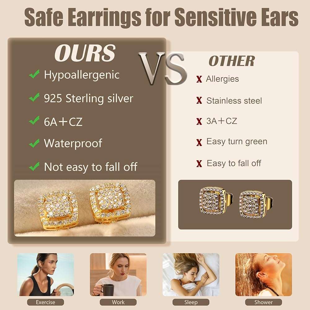 FASACCO Earrings for Men Sterling Silver Men's Earrings Black/Silver/14K Gold Earrings for Men Iced Out Earrings Halo Square Earrings Mens Stud Earrings Set - Image 4