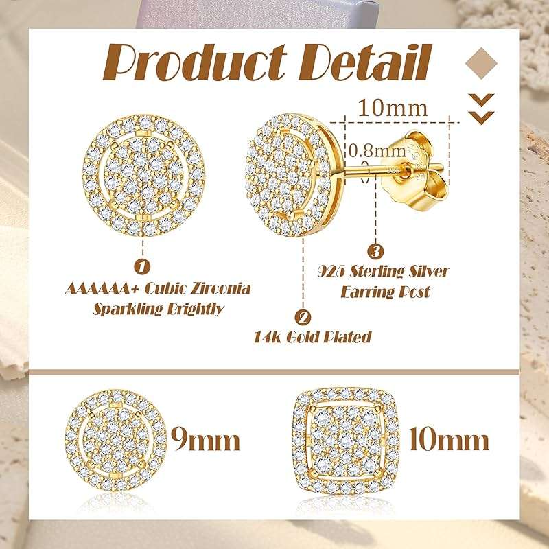 FASACCO Earrings for Men Sterling Silver Men's Earrings Black/Silver/14K Gold Earrings for Men Iced Out Earrings Halo Square Earrings Mens Stud Earrings Set - Image 5