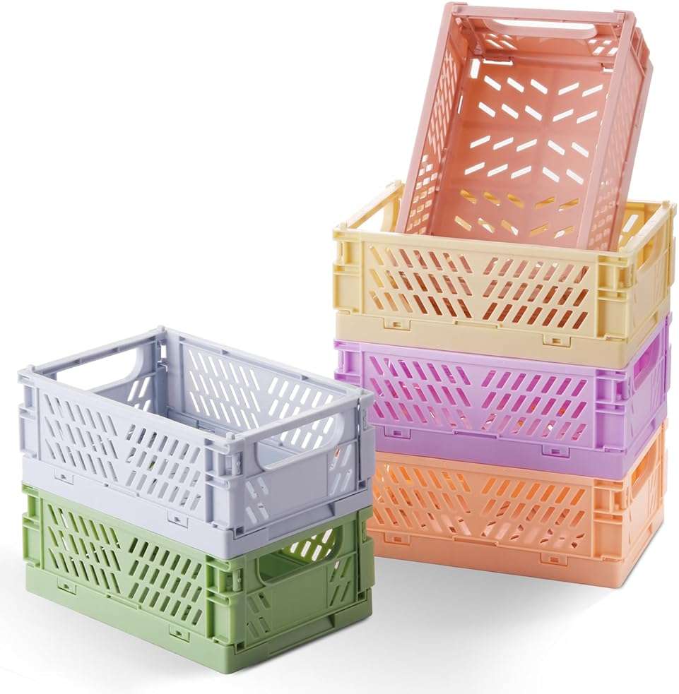 HUUSMOT 6-Pack Small Pastel Plastic Storage Baskets, Collapsible Crates for Organizing, Space-Saving Mini Bins for Classroom, Kitchen, Office, Bedroom (5.9" x 3.8" x 2.2") - Image 1