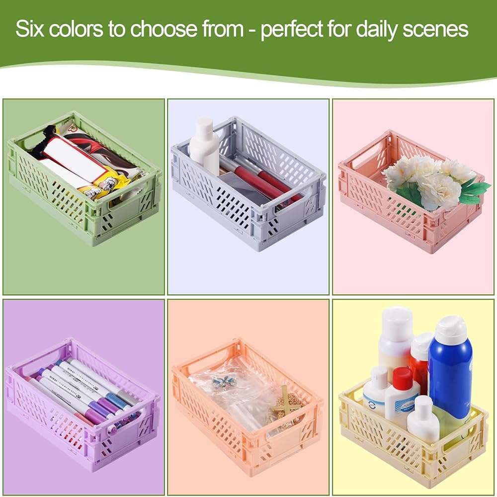 HUUSMOT 6-Pack Small Pastel Plastic Storage Baskets, Collapsible Crates for Organizing, Space-Saving Mini Bins for Classroom, Kitchen, Office, Bedroom (5.9" x 3.8" x 2.2") - Image 3