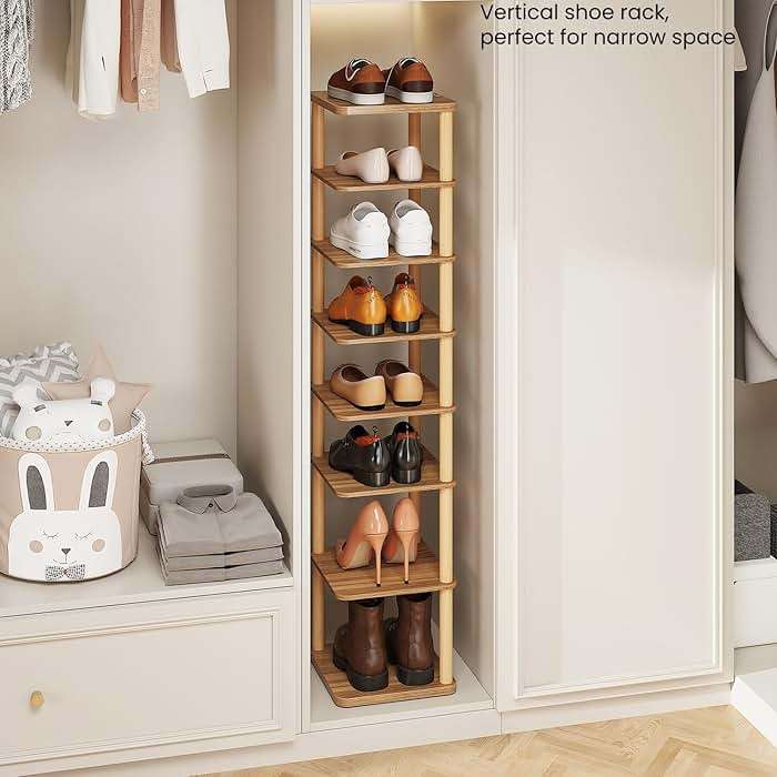 LUCKNOCK Vertical Shoe Rack, 8-Tier Tall Narrow Shoe Organizer for Entryway, Closet, Dorm & Small Spaces, Freestanding Wooden Shoe Shelf Tower for Boots, Sneakers, Heels. (Walnut) - Image 5