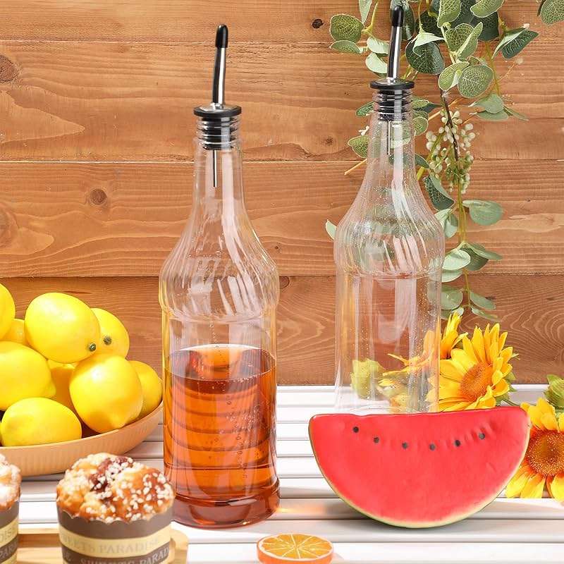 Dandat 20 Pcs 32 oz Plastic Long Neck Bottles with Pourer and Caps Plastic Juice Pour Bottles with Stainless Steel Pourer Tapered Spout for Liquor Juice Store (Sliver) - Image 2