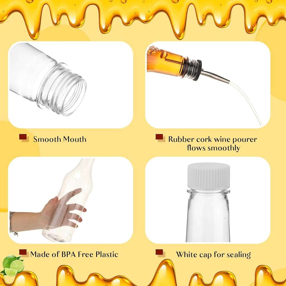 Dandat 20 Pcs 32 oz Plastic Long Neck Bottles with Pourer and Caps Plastic Juice Pour Bottles with Stainless Steel Pourer Tapered Spout for Liquor Juice Store (Sliver) - Image 5