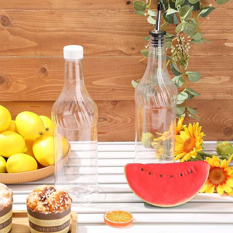 Dandat 20 Pcs 32 oz Plastic Long Neck Bottles with Pourer and Caps Plastic Juice Pour Bottles with Stainless Steel Pourer Tapered Spout for Liquor Juice Store (Sliver) - Image 6