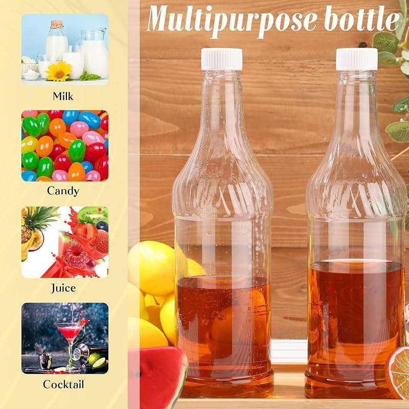 Dandat 20 Pcs 32 oz Plastic Long Neck Bottles with Pourer and Caps Plastic Juice Pour Bottles with Stainless Steel Pourer Tapered Spout for Liquor Juice Store (Sliver) - Image 7