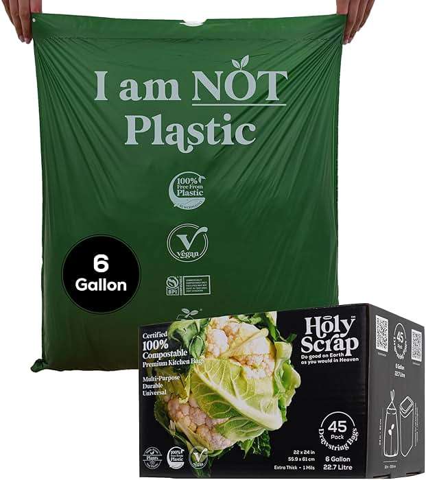 HOLY SCRAP! Medium Compostable Drawstring Trash Bags - 6-8 Gallon, 45 Pack | Plastic-Free Kitchen & Bathroom Garbage Bags with Drawstring Handles | Thick Bin Bag Liners for Green & Food Waste - Image 1