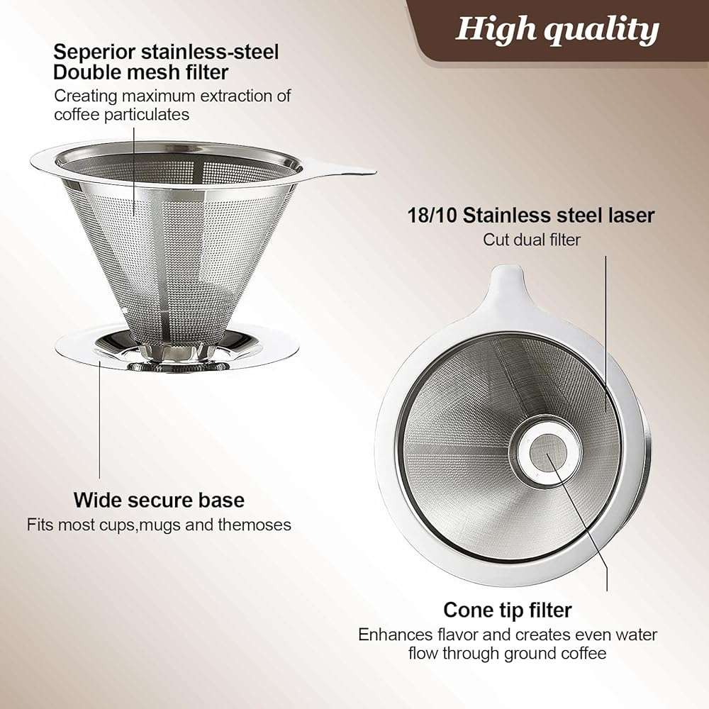 Pour Over Coffee Dripper, Slow Drip Paperless Coffee Filter, Pour Over Coffee Maker for 1-2Cups Brew, Double Mesh Design of Manual Reusable Cone Filter - Image 4