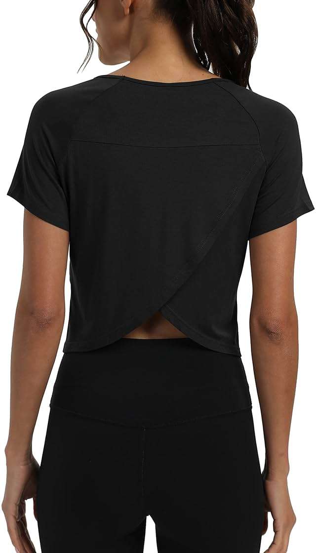 Mippo Workout Tops for Women Cropped Split Back Athletic Gym Exercise Shirts Loose Fit - Image 1