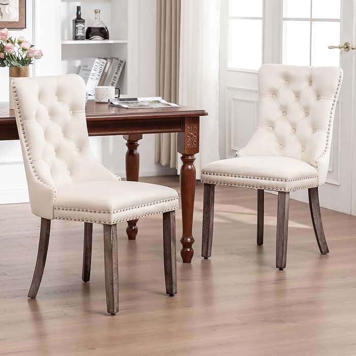 Eifizek Velvet Dining Chairs Set of 4, Upholstered Dining Room Chairs with Nailhead Ring Pull Trim, Button Tufted Wing Back Chairs for Dining with Solid Wood Legs for Kitchen Dining Room(Beige) - Image 2