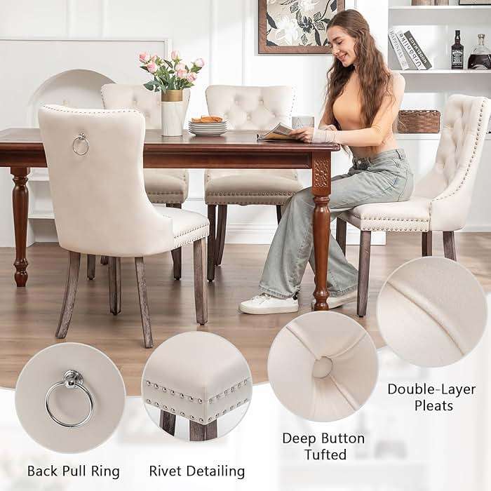 Eifizek Velvet Dining Chairs Set of 4, Upholstered Dining Room Chairs with Nailhead Ring Pull Trim, Button Tufted Wing Back Chairs for Dining with Solid Wood Legs for Kitchen Dining Room(Beige) - Image 4