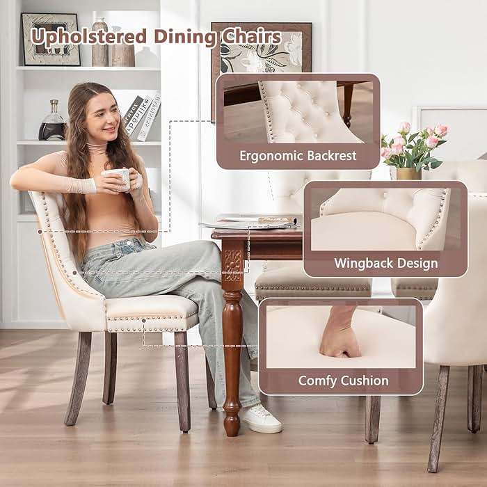 Eifizek Velvet Dining Chairs Set of 4, Upholstered Dining Room Chairs with Nailhead Ring Pull Trim, Button Tufted Wing Back Chairs for Dining with Solid Wood Legs for Kitchen Dining Room(Beige) - Image 6