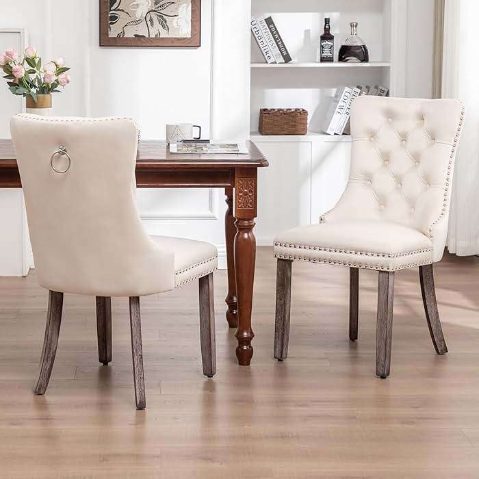 Eifizek Velvet Dining Chairs Set of 4, Upholstered Dining Room Chairs with Nailhead Ring Pull Trim, Button Tufted Wing Back Chairs for Dining with Solid Wood Legs for Kitchen Dining Room(Beige) - Image 8