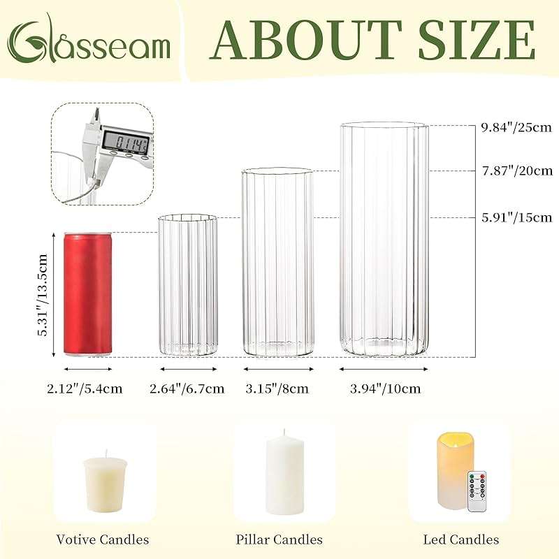Glasseam Glass Vases for Centerpieces: 6 Pcs Cylinder Ribbed Hurricane Candle Holder Tall Candle Holders for Pillar Candles Wedding Decorations Christmas Table  - Image 2