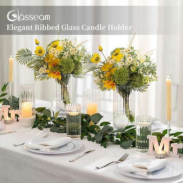 Glasseam Glass Vases for Centerpieces: 6 Pcs Cylinder Ribbed Hurricane Candle Holder Tall Candle Holders for Pillar Candles Wedding Decorations Christmas Table  - Image 3