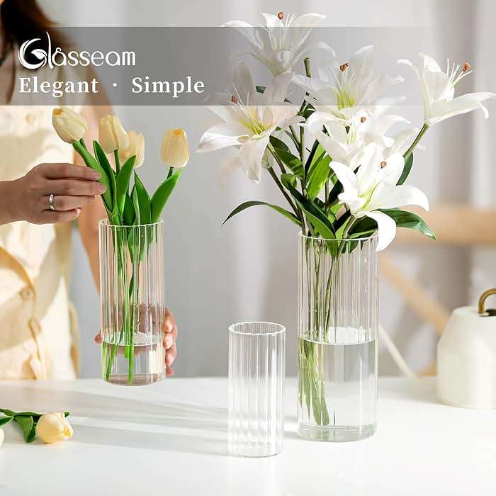 Glasseam Glass Vases for Centerpieces: 6 Pcs Cylinder Ribbed Hurricane Candle Holder Tall Candle Holders for Pillar Candles Wedding Decorations Christmas Table  - Image 4
