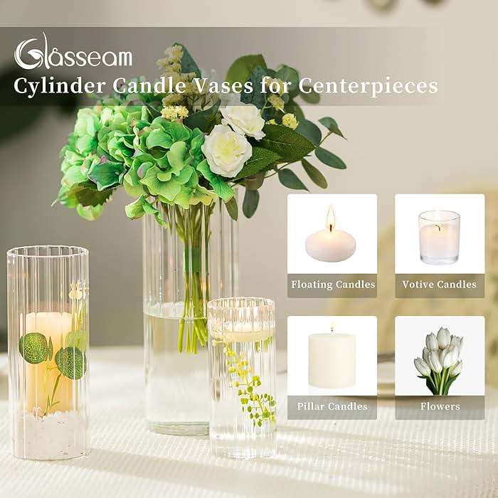 Glasseam Glass Vases for Centerpieces: 6 Pcs Cylinder Ribbed Hurricane Candle Holder Tall Candle Holders for Pillar Candles Wedding Decorations Christmas Table  - Image 5