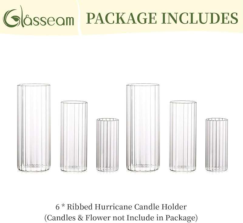 Glasseam Glass Vases for Centerpieces: 6 Pcs Cylinder Ribbed Hurricane Candle Holder Tall Candle Holders for Pillar Candles Wedding Decorations Christmas Table  - Image 7