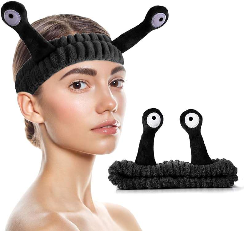 WLLHYF Spa Headband Facial Makeup Head Band Microfiber Soft Coral Fleece Head Wraps Snail Cartoon Cute Hair Accessories Elastic Skincare Hair Band for Women Girls Washing Face Beauty (Black) - Image 9