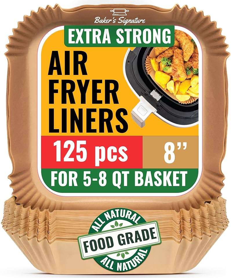 Air Fryer Liners, 125Pcs Disposable Parchment Paper Liners, Non-Stick and Oil Proof for Easy Cleanup, 8" Square for 5-8 qt Basket by Baker's Signature - Image 1
