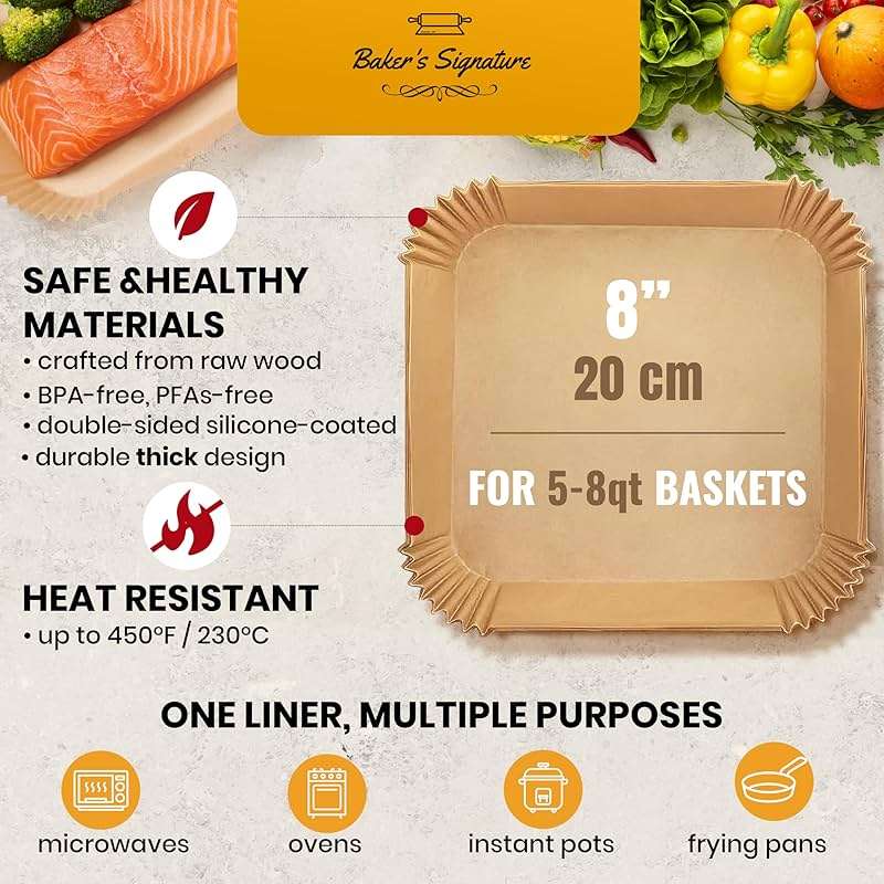 Air Fryer Liners, 125Pcs Disposable Parchment Paper Liners, Non-Stick and Oil Proof for Easy Cleanup, 8" Square for 5-8 qt Basket by Baker's Signature - Image 3
