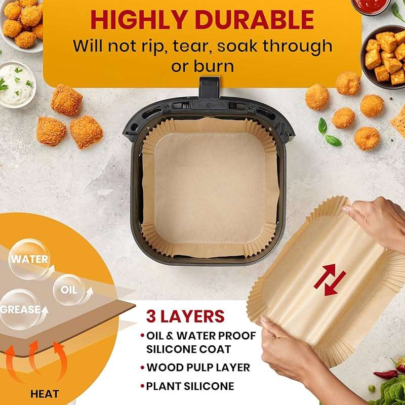 Air Fryer Liners, 125Pcs Disposable Parchment Paper Liners, Non-Stick and Oil Proof for Easy Cleanup, 8" Square for 5-8 qt Basket by Baker's Signature - Image 4