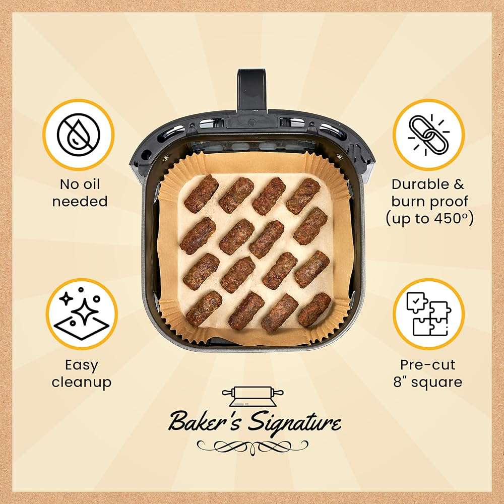 Air Fryer Liners, 125Pcs Disposable Parchment Paper Liners, Non-Stick and Oil Proof for Easy Cleanup, 8" Square for 5-8 qt Basket by Baker's Signature - Image 9