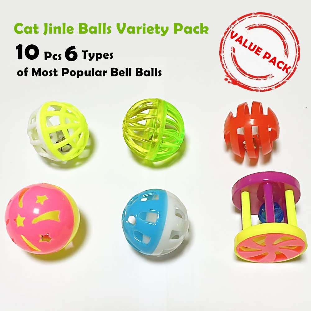 PETFAVORITES Cat Jingle Balls Toys 10Pcs 6 Styles for Indoor Cats - Plastic Lattice Cat Balls with Bells Kitten Rattle Toy, Gift Box and 1.5" - Image 2