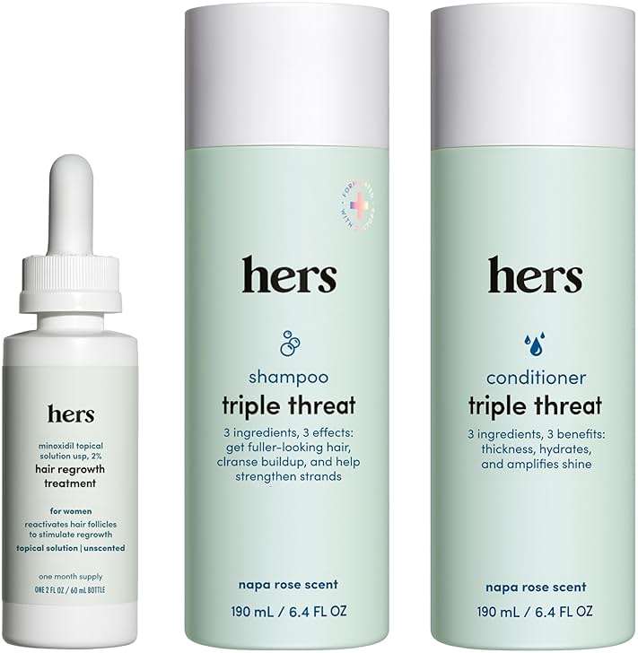 HIMS and HERS Triple Threat Shampoo - Conditioner and 2% Minoxidil Set - Biotin - Saw Palmetto and Pumpkin Seed Oil - Regrowth for Women - Color-Safe - Paraben-Free - Napa Rose - 3 Count - 6.4 Fl Oz - Image 1