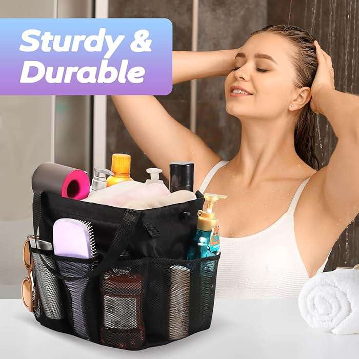 famichan Mesh Shower Caddy Portable, Dorm Room Essentials for College Students, Large Capacity with 8 Pockets Shower Bag for Camping,Swimming,Gym,Travel - Image 2
