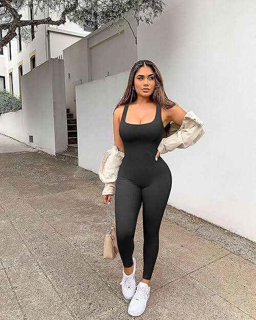 YIOIOIO Women Workout Seamless Jumpsuit Yoga Ribbed Bodycon One Piece Tank Top Leggings Romper - Image 2