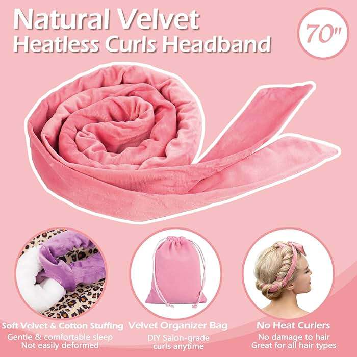 Heatless Curls Overnight Headband, 70'' No Heat Hair Curlers for Medium Long Hair, Pink - Image 3