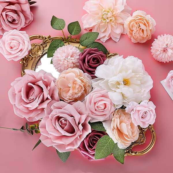 AGIRL Rose Artificial Flowers Combo Fake Flowers Pink Roses Silk Flowers with Stems for DIY Bridal Wedding Bouquets Centerpieces Arrangements Table Party Baby Shower Home Decor (Champagne Pink) - Image 2