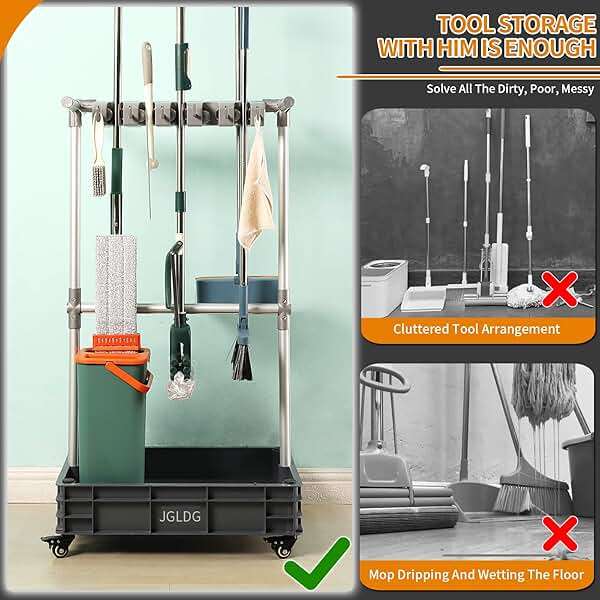 Broom mop Holder Cleaning Supplies Organizer Janitor carts on Wheels Housekeeping Station Storage Tools for Garage, Garden, Closet, Cabinet - Image 3