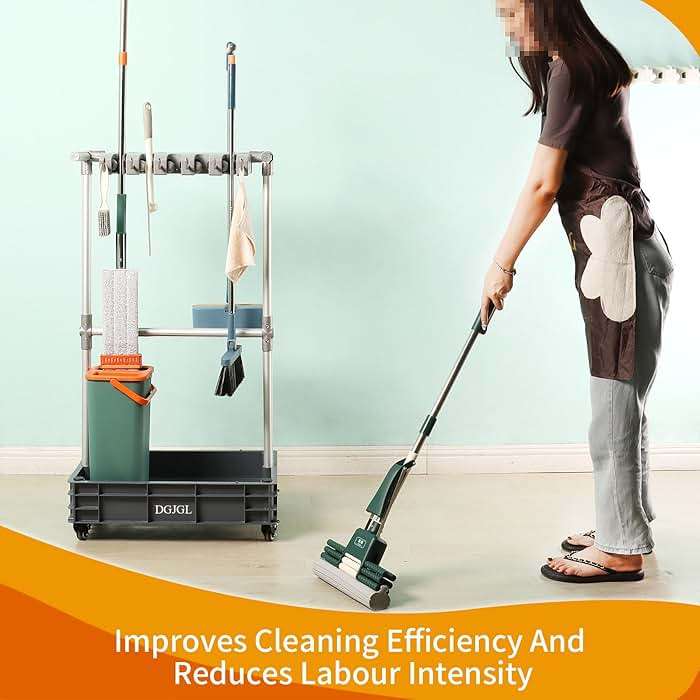 Broom mop Holder Cleaning Supplies Organizer Janitor carts on Wheels Housekeeping Station Storage Tools for Garage, Garden, Closet, Cabinet - Image 4