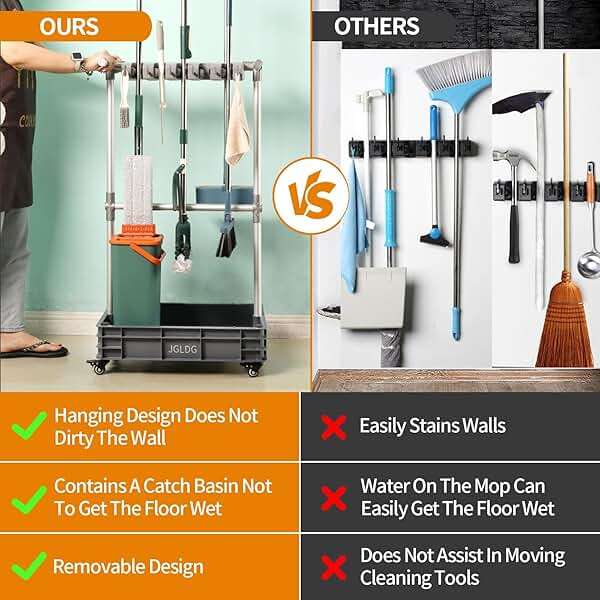 Broom mop Holder Cleaning Supplies Organizer Janitor carts on Wheels Housekeeping Station Storage Tools for Garage, Garden, Closet, Cabinet - Image 5