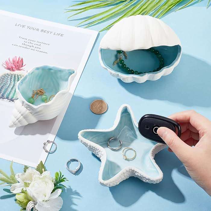 NBEADS Conch Shape Ceramic Jewelry Tray, Aqua Shell Trinket Dish Ceramic Ring Earring Holder Ocean-themed Decorative Trinket Plate for Rings Earrings Necklaces Bracelet Jewelry Watch Keys - Image 2