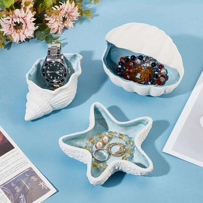 NBEADS Conch Shape Ceramic Jewelry Tray, Aqua Shell Trinket Dish Ceramic Ring Earring Holder Ocean-themed Decorative Trinket Plate for Rings Earrings Necklaces Bracelet Jewelry Watch Keys - Image 4