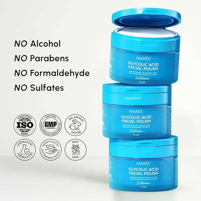 MAREE Glycolic Acid Pads - Toner Pads for Face Cleansing - Exfoliating Pad with Tea Tree Oil, Salicylic Acid & Vitamins E, B3, B5 - Facial Polishes & Peels, Skin Pore Resurfacing & Radiance - 50 Count - Image 10
