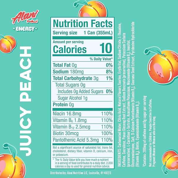 Alani Nu JUICY PEACH, Sugar Free, Low Calorie Energy Drinks, 200mg Caffeine, Biotin, B Vitamins, Zero Sugar, 10 Calories, 12 Fl Oz Cans, 12 Pack - Image 3